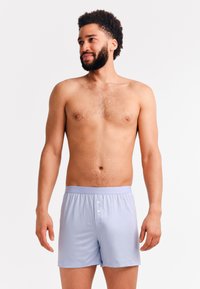 Een bebaarde man met krullend haar, gekleed in lichtblauwe boxer shorts, staand en naar de zijkant kijkend tegen een effen witte achtergrond.