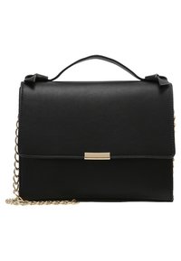 Černá kabelka z umělé kůže se zlatou sponou, řetízkovým popruhem a horním úchytem. Má strukturovaný design a měkkou strukturu.