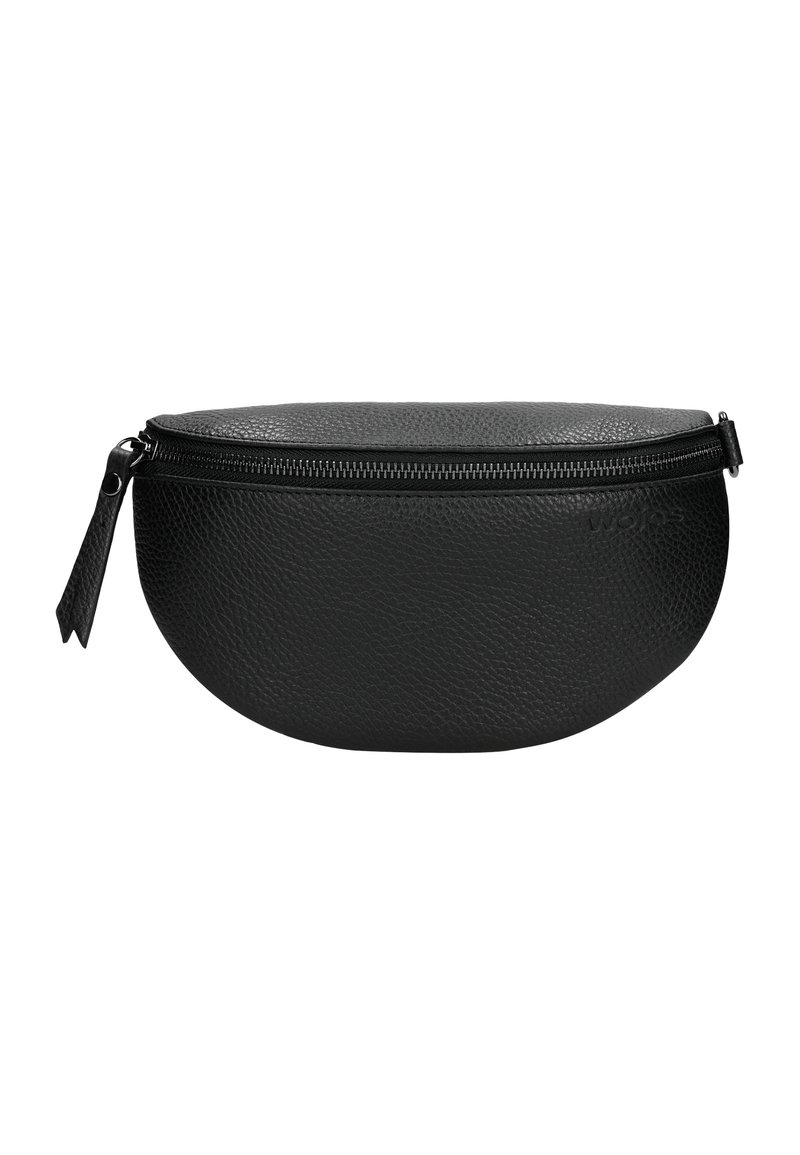 Borsa in pelle nera con superficie testurizzata, forma ovale, chiusura con zip e una piccola linguetta in pelle sulla cerniera.