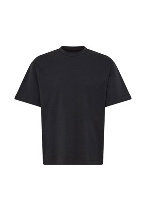 T-shirt noir à manches courtes, col rond, coupe ample et simple, avec un ourlet standard sur fond blanc.