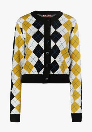 Argyle-Muster Strickjacke in Weiß, Gelb, Schwarz und Blau, mit Rundhalsausschnitt, Knopfverschluss sowie schwarzen Rippbündchen und Saum.