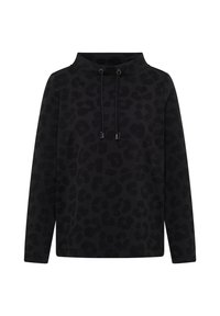 Sweatshirt noir à col haut, avec un motif léopard subtil, fermeture à cordon et coupe décontractée.