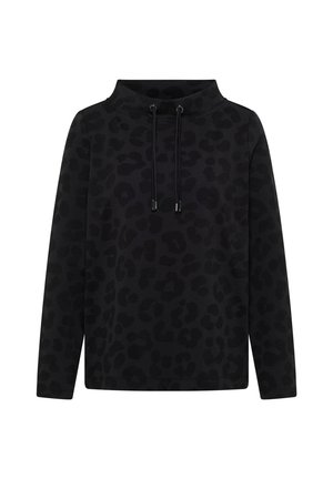 Sweatshirt noir à col haut, avec un motif léopard subtil, fermeture à cordon et coupe décontractée.
