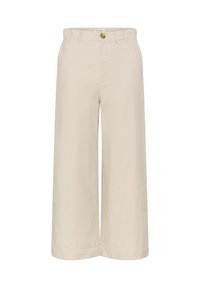 Beige wide-leg trousers with a button closure, made from a smooth cotton blend. Features a high waist and clean seams.
