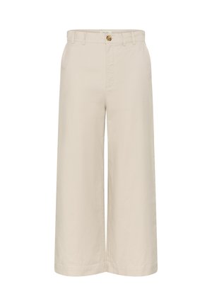 Beige wide-leg trousers with a button closure, made from a smooth cotton blend. Features a high waist and clean seams.
