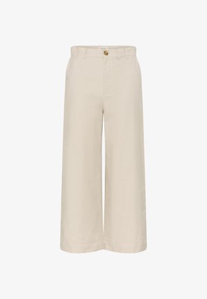 Beige wide-leg trousers with a button closure, made from a smooth cotton blend. Features a high waist and clean seams.