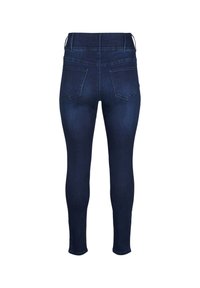 Temno modri traper skinny džins hlače z visokim pasom, dvema zadnjima žepoma in gladko teksturo. Imajo šivane detajle ob šivih.