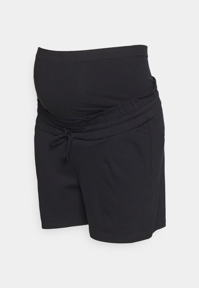 Calções de maternidade pretos com uma cintura elástica, detalhe de cordão e material leve. Projetados para conforto e facilidade de uso.