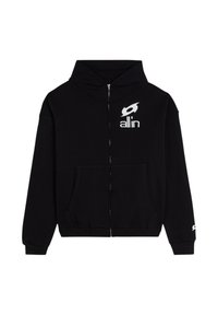 Haut à zip noir fabriqué en tissu doux. Dispose d'une poche frontale et d'un logo blanc imprimé sur la partie gauche de la poitrine.