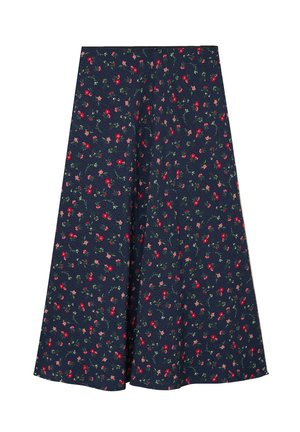 Gonna a-line blu navy con piccolo motivo floreale rosso e rosa e foglie verdi, lunghezza al ginocchio, orlo svasato.