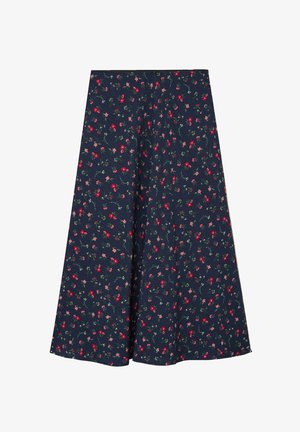 Jupe trapèze bleu marine avec petit motif floral rouge et rose et feuilles vertes, longueur au genou, ourlet évasé.