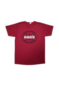 Red cotton t-shirt featuring a black globe design with the word "oasis" in bold white letters across the center. Short sleeves, crew neck.