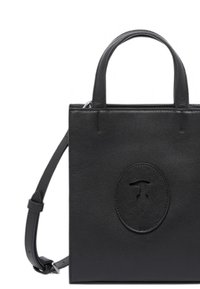 Borsa a mano in pelle nera con due manici corti e tracolla staccabile. Caratterizzata da un logo ovale in rilievo sulla parte anteriore. Texture liscia.