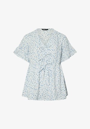 Chemisier blanc à manches courtes avec petit imprimé floral bleu, col en V, trois fermetures à nouer, et design fluide avec taille froncée.