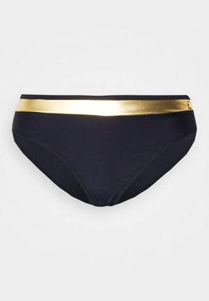 Marineblauer Bikini-Slip mit einem glänzenden goldenen horizontalen Streifen an der Taille. Hergestellt aus dehnbarem Stoff, mit glatten Kanten und einem klassischen Schnitt.