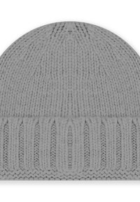 Berretto lavorato a maglia grigio con risvolto a coste e texture verticali. Materiale morbido ed elastico; design a cupola per una vestibilità comoda.