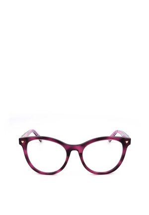 Montatura per occhiali viola a forma di occhio di gatto con piccoli dettagli a forma di cuore vicino alle cerniere e aste interne decorate, mostrata su sfondo bianco.