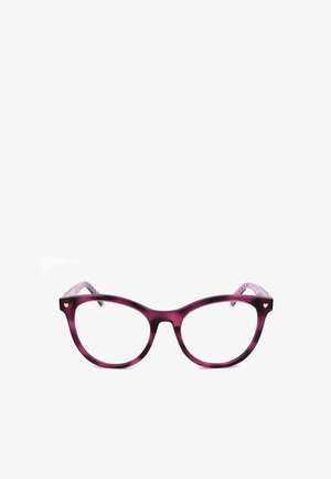 Montatura per occhiali viola a forma di occhio di gatto con piccoli dettagli a forma di cuore vicino alle cerniere e aste interne decorate, mostrata su sfondo bianco.