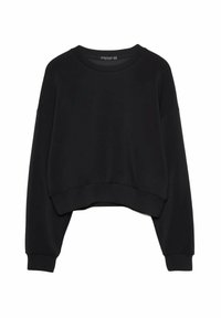 Sudadera negra, corta, hecha de material suave. Presenta un cuello redondo y mangas largas con puños ajustados. Sin patrones ni acentos.