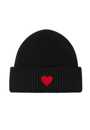 Black ribbed beanie with a folded cuff, featuring a red felt heart appliqué on the front. Soft texture and close-fitting design.
