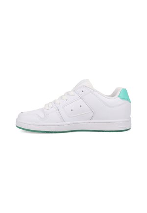 White sneaker with a smooth leather-like upper, lace-up design, mesh tongue, and turquoise heel accent. Rubber sole is green-trimmed.