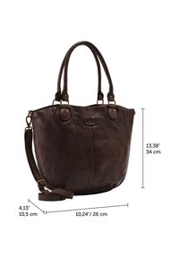 Dark brown leather handbag with two handles and a detachable shoulder strap, shown with height, width, and depth measurements in centimeters.