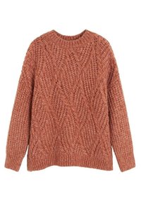 Gebreide trui in roestkleur met een gestructureerd ruitpatroon, ronde halslijn en lange mouwen. Gemaakt van dikke, zachte garen.