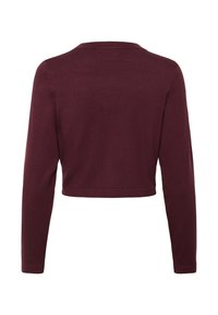 Pull court bordeaux avec des manches longues, col côtelé et texture tricotée lisse, présentant des coutures minimales et aucun motif supplémentaire.