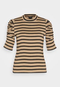 Top a rayas beige y marrón oscuro con mangas cortas abullonadas, textura acanalada y cuello redondo. Presenta un diseño ajustado y puños negros.