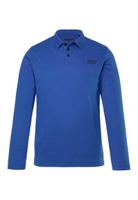 Sininen pitkähiha polo-paita, jossa on kolme mustaa nappia ja "VINTAGE DENIM GEAR" -teksti vasemmassa rinnassa.