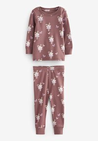 Børn to-delt lilla pyjamas med lange ærmer og bukser med mønster af balletkaninhoveder og små lilla sommerfugle.