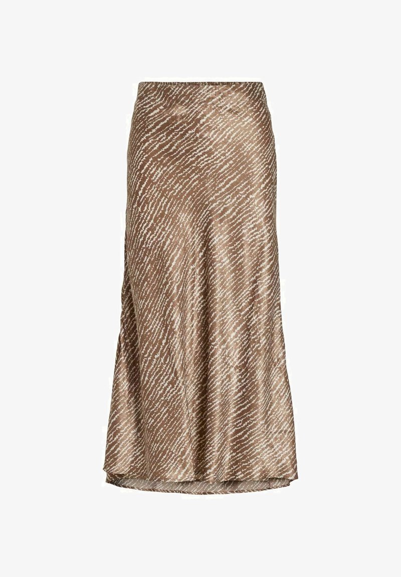 Jupe midi en satin marron et beige à motifs, légèrement évasée et taille haute.