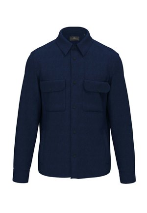 Dunkelblaue langärmelige Hemdjacke mit Knöpfen, zwei aufgesetzten Taschen vorne mit Klappen und spitzem Kragen, auf weißem Hintergrund dargestellt.