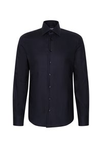 Chemise noire à manches longues avec boutons et col pointu, présentée sur fond blanc.