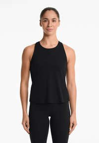 Black athletic tank top with a rounded neckline and wide straps, made from smooth, stretchy fabric, featuring a relaxed fit.