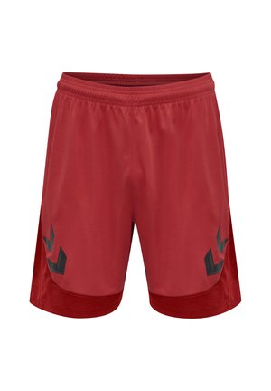 Røde atletikshorts med elastisk talje og sorte chevron-mønstre på hvert ben nær kanten.