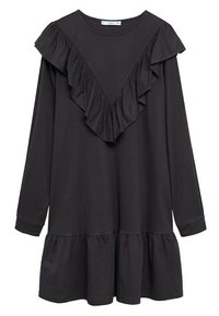Robe noire à manches longues avec un détail volanté en forme de V sur la poitrine et un ourlet à volants, dotée d'un col rond et de manches avec poignets.