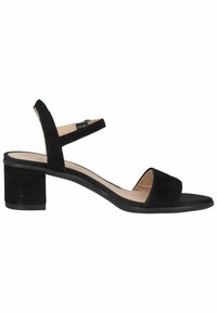 Sandale noire en suède à bout ouvert avec bride à la cheville et talon bloc, semelle intérieure beige, vue de profil sur fond blanc.