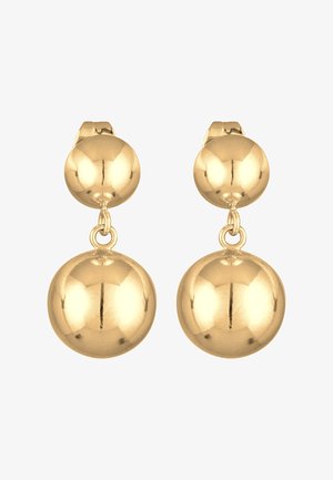 Goudkleurige metalen oorbellen met twee sferische elementen, een kleinere stud bovenaan en een grotere hangende bol eronder, met een gladde afwerking.