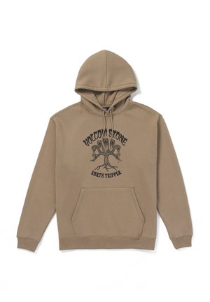 Sudadera marrón hecha de un material suave, con un bolsillo tipo canguro en la parte delantera, capucha con cordón y estampado gráfico de un emblema de árbol con texto.