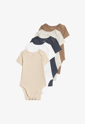 Five short-sleeve bodysuits in ribbed fabric; colors include beige, white, dark grey, light grey, and brown; snap closures at the bottom.