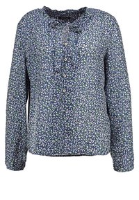 Blumenhemd in Marineblau mit kleinen lila und grünen Blumen. Entzückende lange Ärmel, ein geraffter Kragen und Knöpfe auf der Vorderseite.