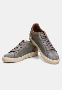 Grijze leren sneakers met bruine accenten, platte veters, ronde neus en gestructureerde panels. Beschikt over een rubberen zool met een profielpatroon.