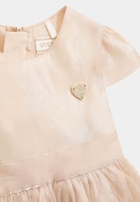 Svijetlo ružičasta haljina s kratkim puf rukavima, teksturiranim, svilenim finišem i zlatnim srcem kao ukrasom na prsima. Ima volani suknju.