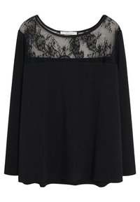 Schwarzes Longsleeve-Oberteil mit einem transparenten Spitzenpanel am Ausschnitt und einem glatt strukturierten Körper. Rundes Saumdesign und lässige Passform.