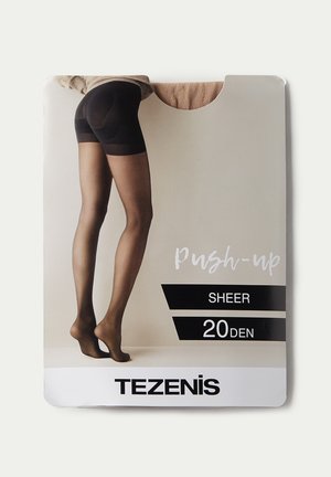 Průhledné černé punčocháče s push-up efektem zobrazené na obalu, zdůrazňující 20 denní tloušťku a hladkou strukturu. Značka: Tezenis.