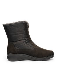 Botte d'hiver noire montante jusqu'au milieu du mollet avec une partie inférieure en suède doux, une partie supérieure en nylon matelassé, une fermeture éclair latérale et une doublure en fausse fourrure grise autour du bord supérieur.
