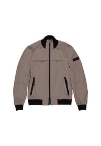 Giacca bomber marrone chiaro realizzata in tessuto liscio. Presenta una chiusura con zip frontale, collo e polsini neri, e tasche con zip nere. Design semplice.