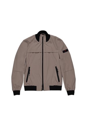 Veste bombardier marron clair en tissu lisse. Équipée d'une fermeture éclair à l'avant, d'un col et de poignets noirs, ainsi que de poches zippées noires. Design simple.