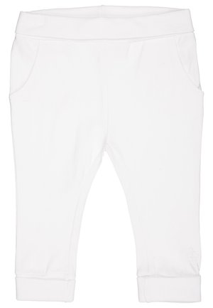 Pantalons de jogging en coton blanc mélangé avec une large taille élastique, deux poches latérales et des ourlets resserrés. Texture lisse, design simple.